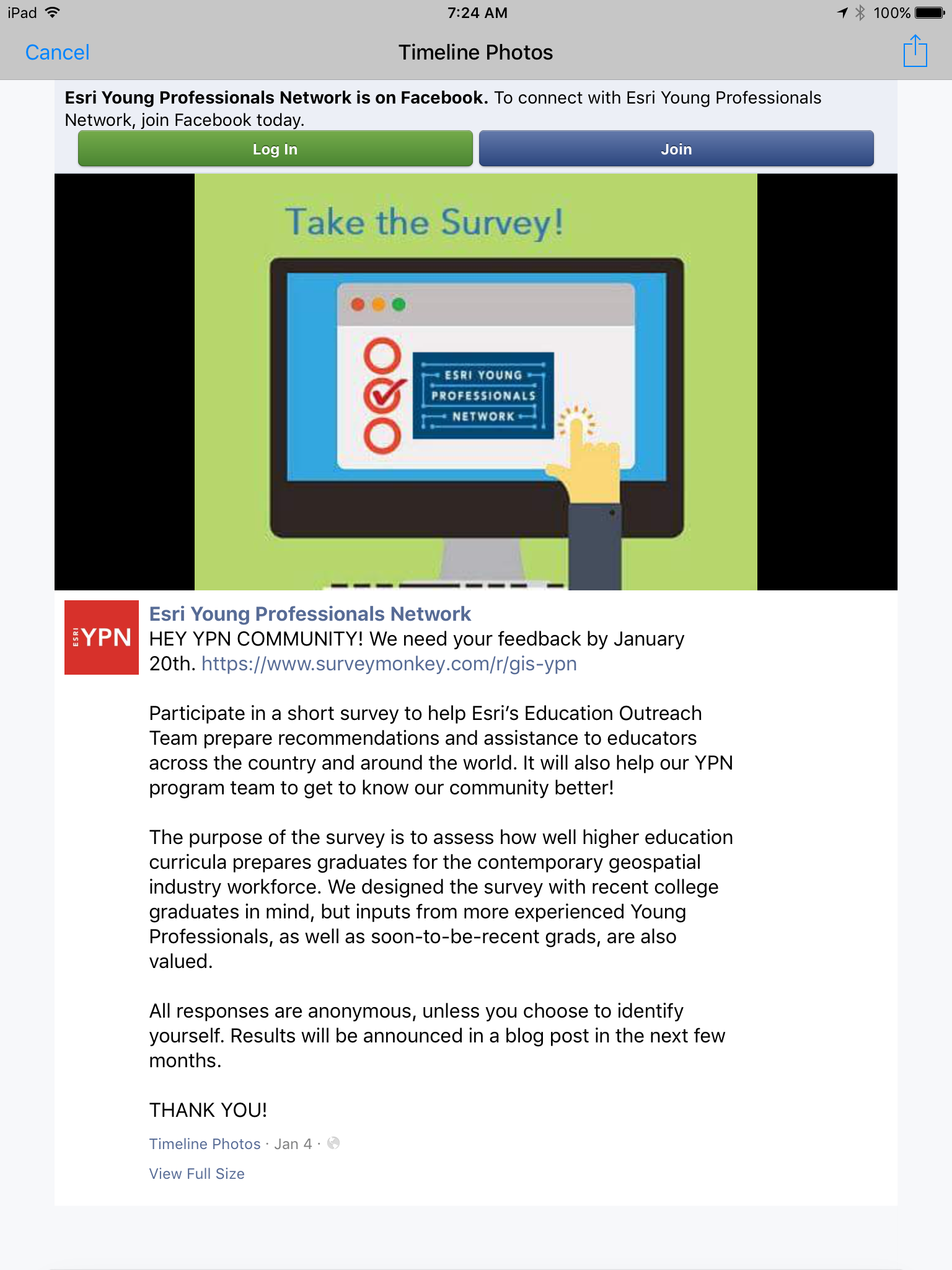 Facebook invitation to YPN members to participate in survey.